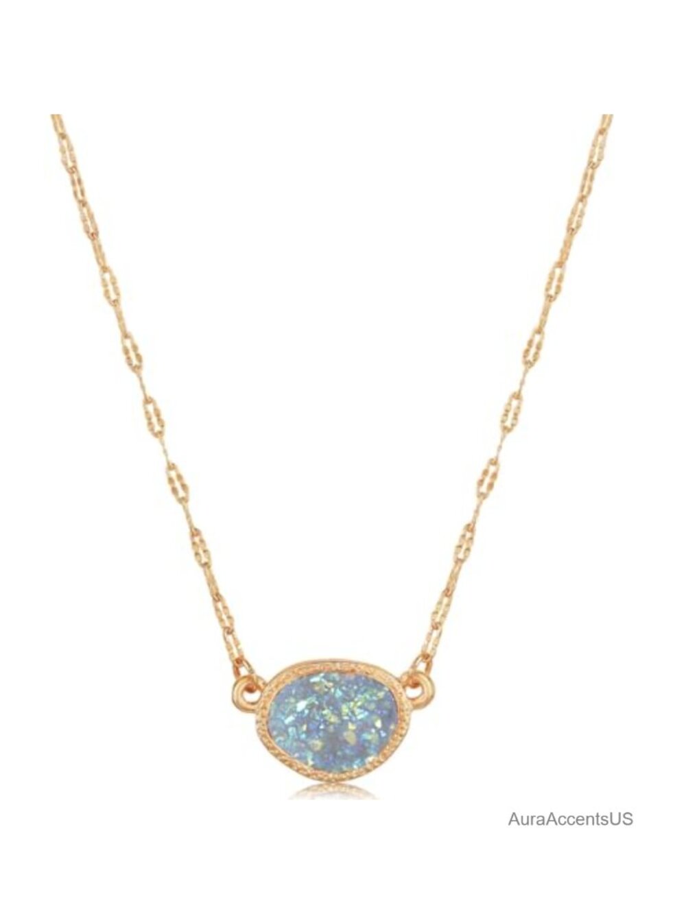 Gold Plated Simulated Druzy Pendant Necklace Oval Crystal Adjustable Chain